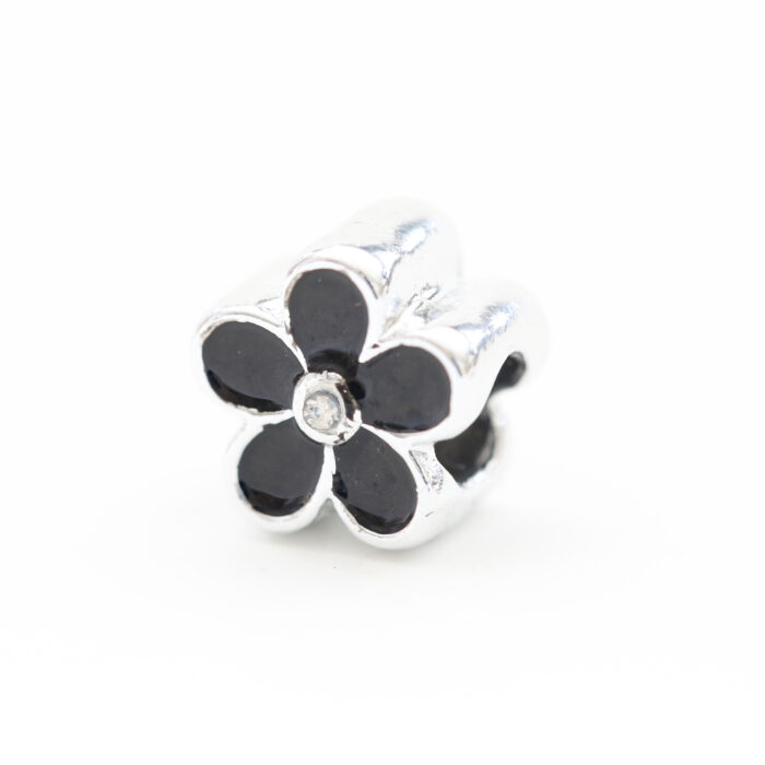 Silver Pandora Style, Black Flower, 3 pieces