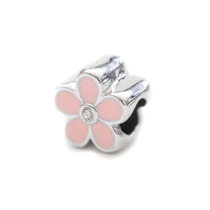 Silver Pandora Style, Pink Flower, 3 pieces