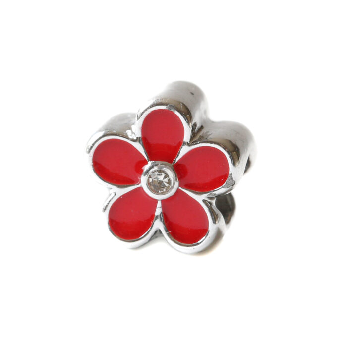 Silver Pandora Style, Red Flower, 3 pieces